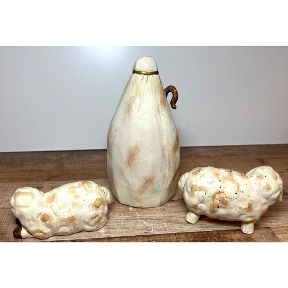 Hand-Painted Ceramic Nativity Set With Shepherd & Two Sheep Figurines Christmas - Picture 3 of 4